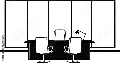 Black and white office interior illustration featuring a desk chairs and lamp presented as a silhouette on transparent background high quality
