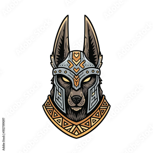 Anubis Warrior Mascot Head. Mythological Dog in Ancient Armor Logo Design. Viking, Nordic, Egyptian vector illustration.