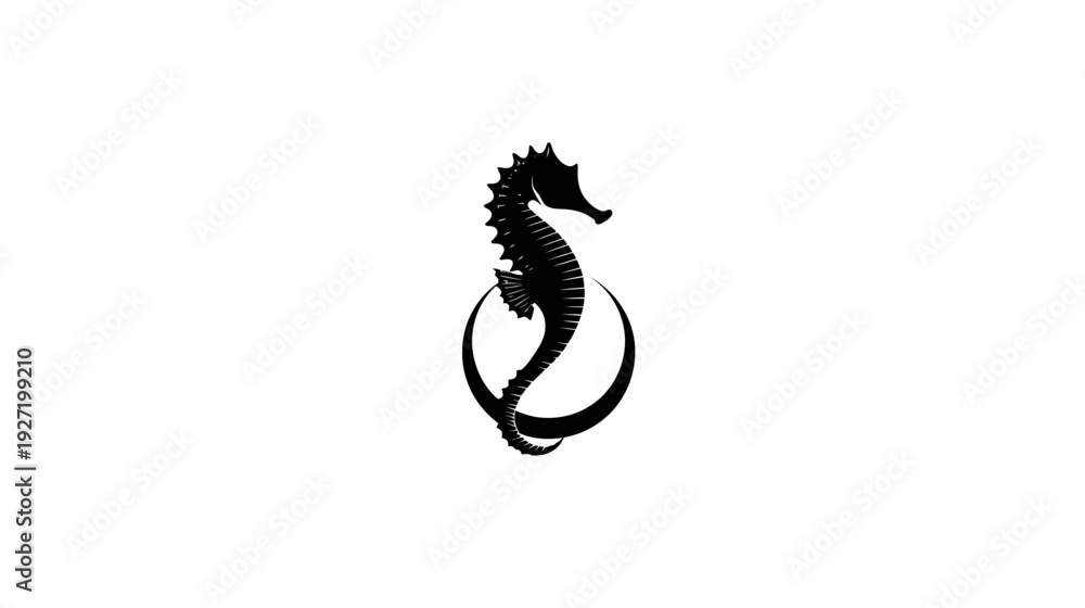 Naklejka premium Silhouetted seahorse illustration in black, with a curved crescent around it on a white background