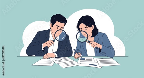 Business Professionals Analyzing Documents with Magnifying Glasses. Thorough Inspection and Review for Data Accuracy and Compliance.