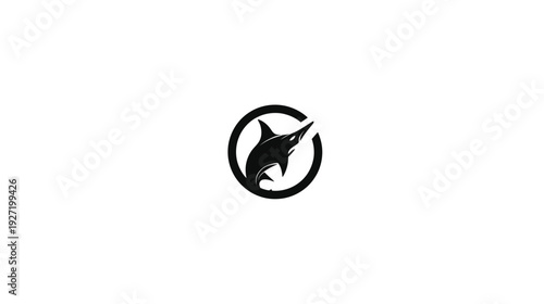 A monochrome emblem featuring a stylized aquatic creature emerging from a black circular frame