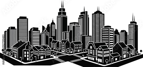 Black and white cityscape silhouette featuring numerous buildings and structures on transparent background ideal for design elements high quality professional detailed