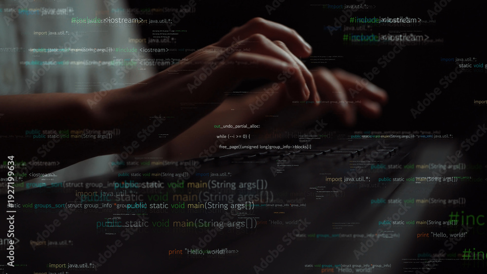 Photography Hands working on a laptop keyboard with illuminated code on screen