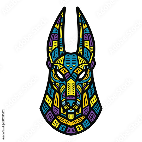 Vibrant Geometric Anubis Head Vector Art. Colorful Egyptian God Jackal Illustration, Mythology Abstract Icon Tattoo Style.