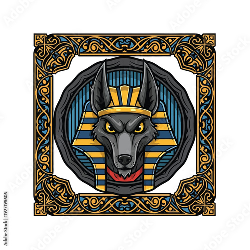 Anubis Ancient Egyptian God Mascot Logo Head in Nemes Headdress and Royal Crown, Detailed Illustration with Ornate Decorative Frame.