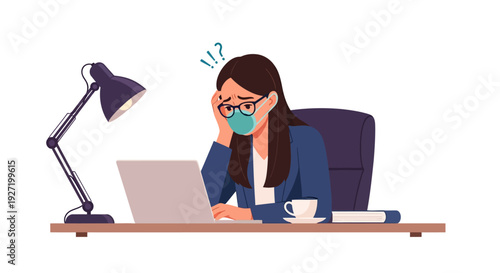 Stressed Businesswoman in Face Mask Working on Laptop: Overwhelmed by Work Stress, Burnout, and Pandemic Challenges