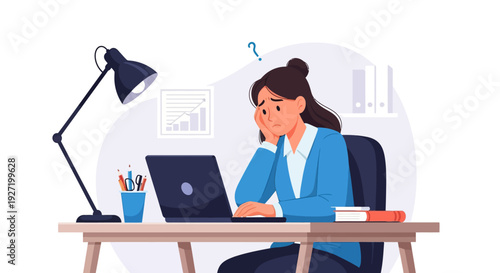 Stressed Professional Woman Facing Work Challenges & Confusion at Office Desk with Laptop