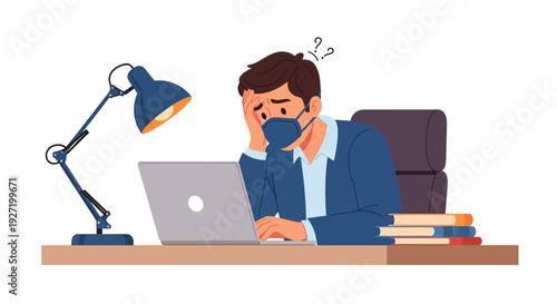 Overwhelmed Businessman in Face Mask at Desk with Laptop, Experiencing Work Stress and Confusion