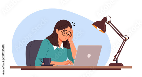 Stressed Woman Working on Laptop with Headache: Burnout and Work Overload Concept. Flat Illustration of Frustrated Employee.