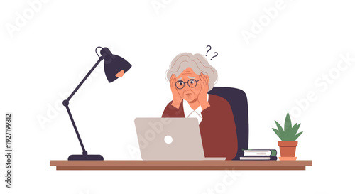 Confused Senior Woman Struggling with Laptop and Technology. Stressed Elderly Lady Overwhelmed by Digital Devices and Learning Difficulty.