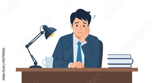 Businessman Feeling Confused and Overwhelmed at Desk - Work Stress & Dilemma Concept