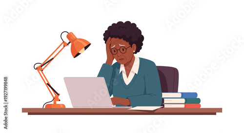 Stressed Senior African American Woman Overwhelmed by Work or Study on Laptop at Desk