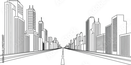 A black and white line drawing depicts a cityscape with a long road receding into the distance on transparent background silhouette