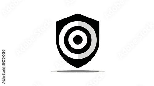 Black and white shield design with concentric circles and a central target, on a white background