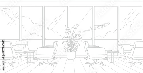 Monochrome interior view depicting chairs plants and an airplane flying past large windows on transparent background silhouette high quality professional detailed