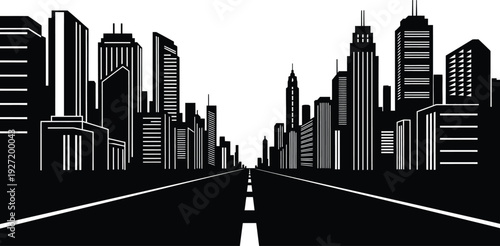 Black and white cityscape silhouette featuring tall buildings and a road receding into the distance on transparent background high quality professional