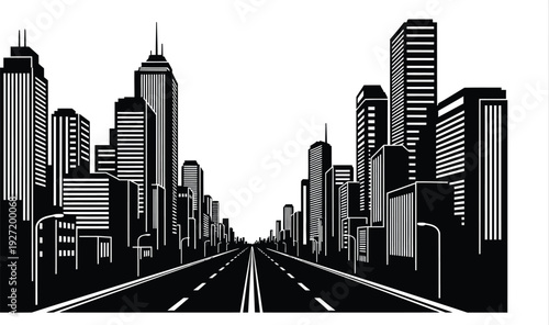 Black and white cityscape silhouette featuring tall buildings and a straight road receding into the distance on transparent background high quality