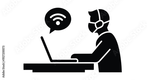 Person wearing a mask working on a laptop with a speech bubble icon