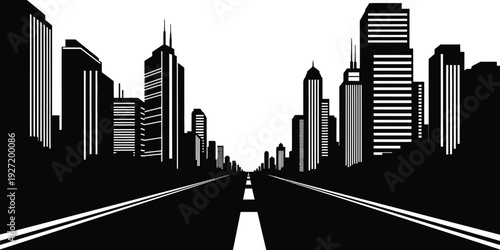 Black and white cityscape silhouette featuring tall buildings a road and a vanishing point on transparent background high quality professional detailed