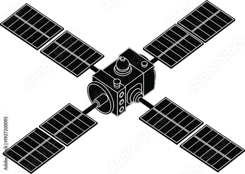 Black satellite with extended solar panels detailed design isolated on transparent background a striking silhouette high quality professional modern elegant stylish