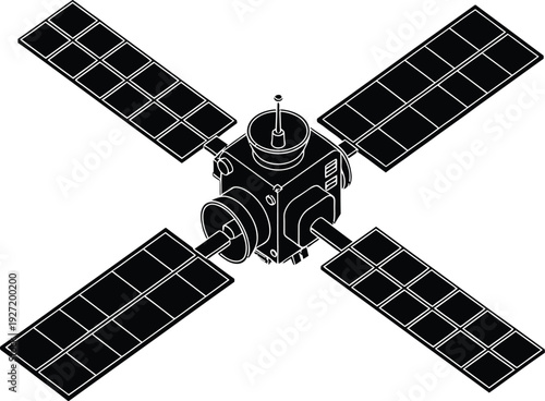 Detailed black and white satellite illustration with solar panels and antenna rendered as a silhouette on transparent background high quality professional