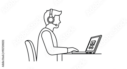 Line drawing of a person wearing headphones while using a laptop computer