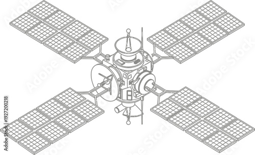 Detailed black and white line drawing of a satellite with solar panels showcasing engineering design on transparent background silhouette high quality