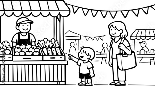 Black and white line art illustration of a smiling child pointing at fresh produce at a lively farmer market, with his happy mother and a friendly vendor.