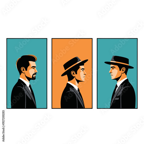 Three Stylized Men in Classic Suits and Hats Presented in Profile Against Bold Solid Color Panels Conveying a Sense of Mystery and Refined Style