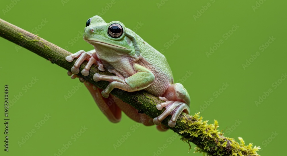 Naklejka premium A green frog perched on a branch with a green background