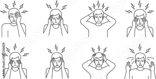 Line art icons depicting various headache and pain expressions featuring multiple figures on transparent background silhouette high quality professional detailed modern