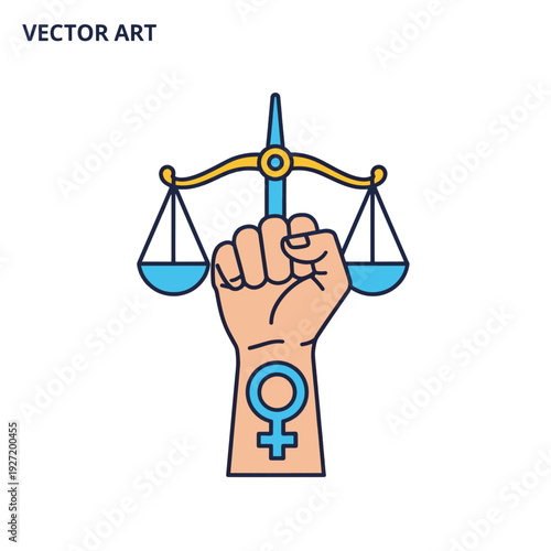 Fist Holding Scales of Justice with Female Symbol Tattoo Representing Womens Rights Equality and Feminist Power