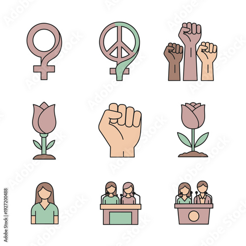 Collection of Feminist Symbols Protest Fists and Roses Representing Womens Rights and Empowerment on a Black Background
