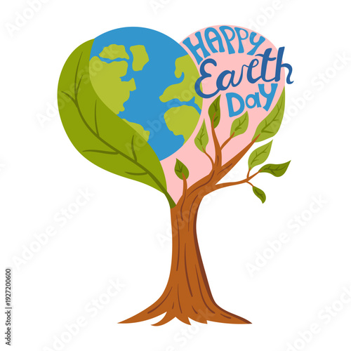 Vibrant Earth Day card featuring a heart-shaped composition with world globe integrated into a flourishing tree with green leaves. Stylized Happy Earth Day text promotes environmental care.