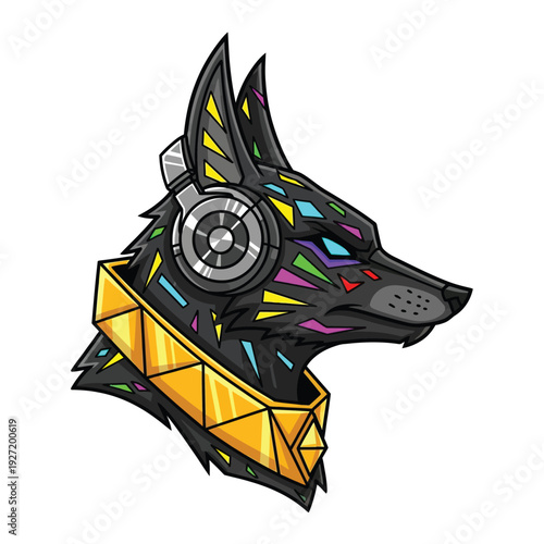 Cyberpunk Geometric Dog Head Mascot with Headphones. Futuristic Wolf Profile Illustration in Neon Glitch Vector Style.