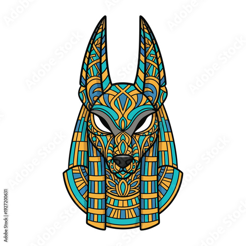 Decorative Anubis Head Illustration Vector. Ancient Egyptian God with Intricate Geometric Mandala Pattern in Teal and Gold.