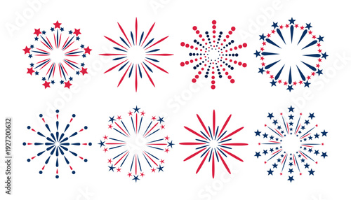 Set of eight red and blue patriotic firework icons set on a white background. Festive star and burst designs ideal for 4th of July, USA Independence Day, and celebratory holiday graphic projects.