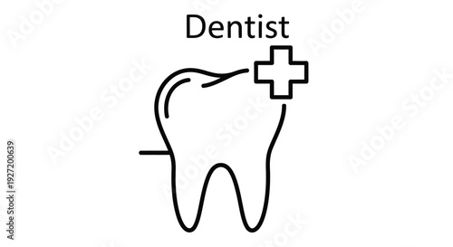Simple black and white illustration of a tooth with a medical cross symbol