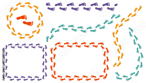 Set of colorful human footprint borders and frames in circle, square, and rectangle shapes. Includes various walking trails and path tracks, isolated on a white background for graphic design.
