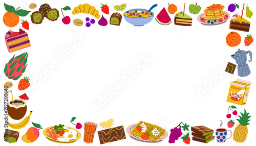 Vibrant cartoon flat style food border on a white background. Festive rectangular frame with assorted breakfast items, sweet desserts, and fresh tropical fruits. Perfect for menus and cafe designs.