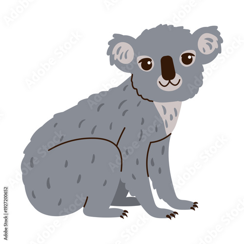 Cute gray koala bear sitting and looking forward, isolated on a white background. A hand-drawn flat illustration of a friendly Australian marsupial for nature and education designs.
