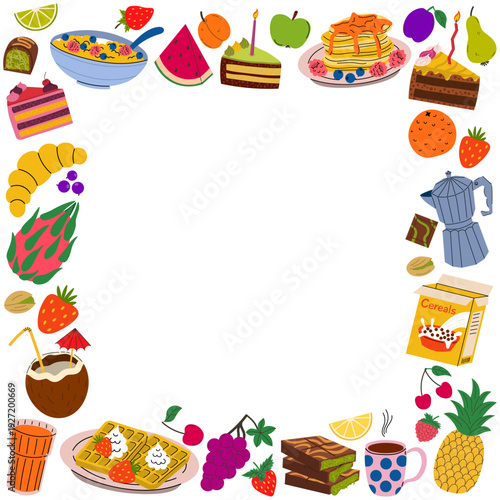 Colorful square frame of flat style breakfast food and snacks. Featuring cereal, pancakes, waffles, coffee, tropical fruits, and cakes. Decorative border for cafe menus, cards, and culinary blogs.