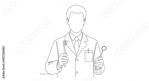 Line art illustration of a doctor giving a thumbs up with medical tools