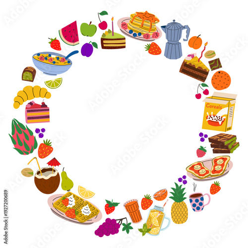 Vibrant circular frame of flat style food items, breakfast, and fruits. Colorful doodle border with pancakes, waffles, and coffee, perfect for cafe menus, greeting cards, and culinary blog designs.