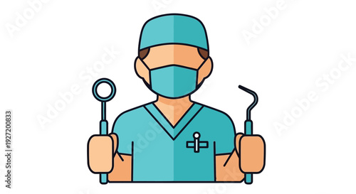 Illustration of a dentist in surgical cap mask and scrubs with dental tools