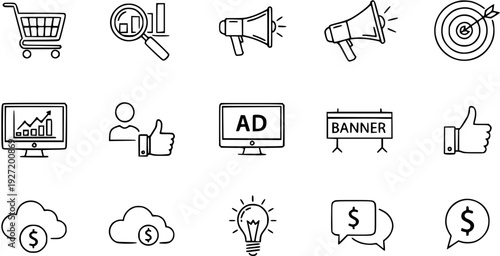Marketing, Advertising, and E-commerce Icon Set. Business and Digital Promotion Concepts, Analytics, and Financial Strategies.