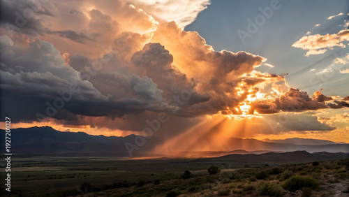 Dramatic sunset sky with sunbeams breaking through stormy clouds over mountains full hd 4k stock image download