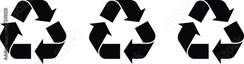 Three black recycling symbol icons arranged horizontally representing reuse and environmental sustainability on transparent background silhouette high quality professional detailed modern