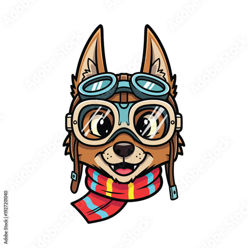 Cute Cartoon Fox or Dog Aviator Mascot Head with Goggles and Scarf. Cheerful Retro Pilot Animal Illustration for Branding and Kids' Designs.