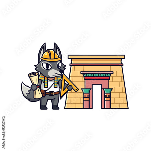 Cartoon Wolf Architect Mascot Building Egyptian Temple. Ancient History and Construction Engineering Illustration.